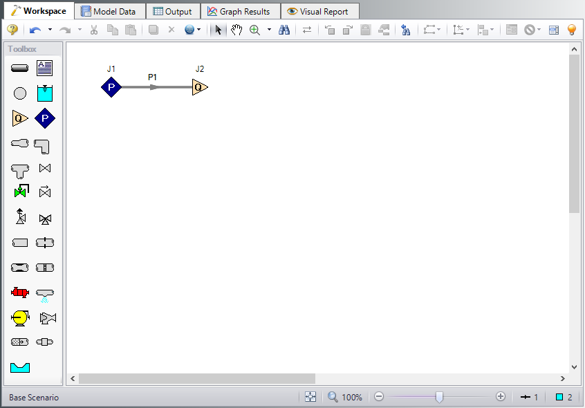 The Workspace for the Slurry System Feasibility Study example with a pipe connecting an assigned pressure junction to an assigned flow junction.